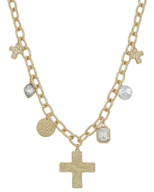 Gold Chain with Hammered Cross, Pearl, and Crystal Necklace