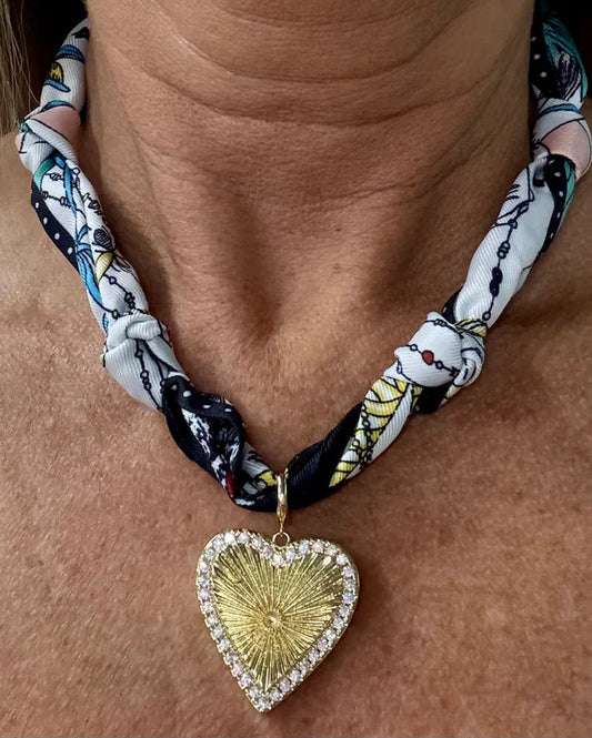 Navy and White Knotted Scarf with Heart Charm Necklace