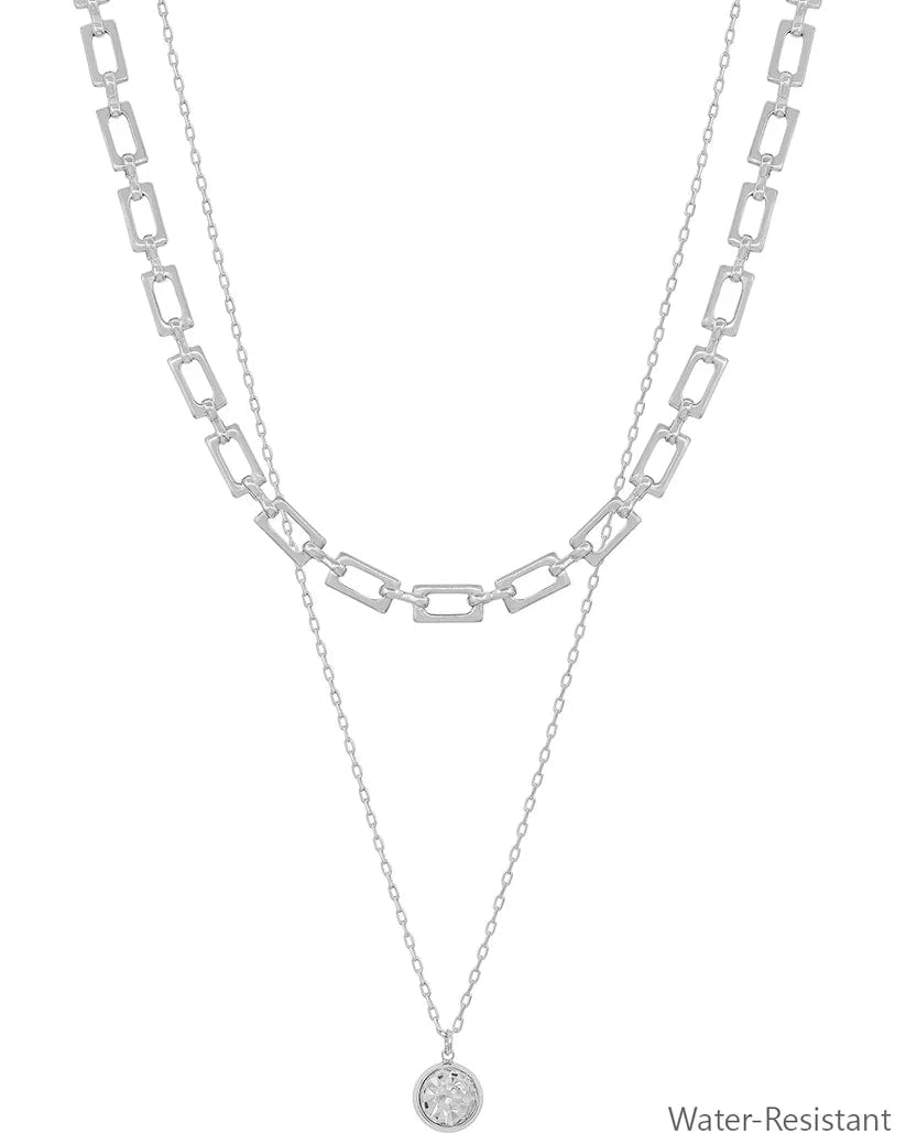 Double Layered Silver Chain with Rhinestone Charm