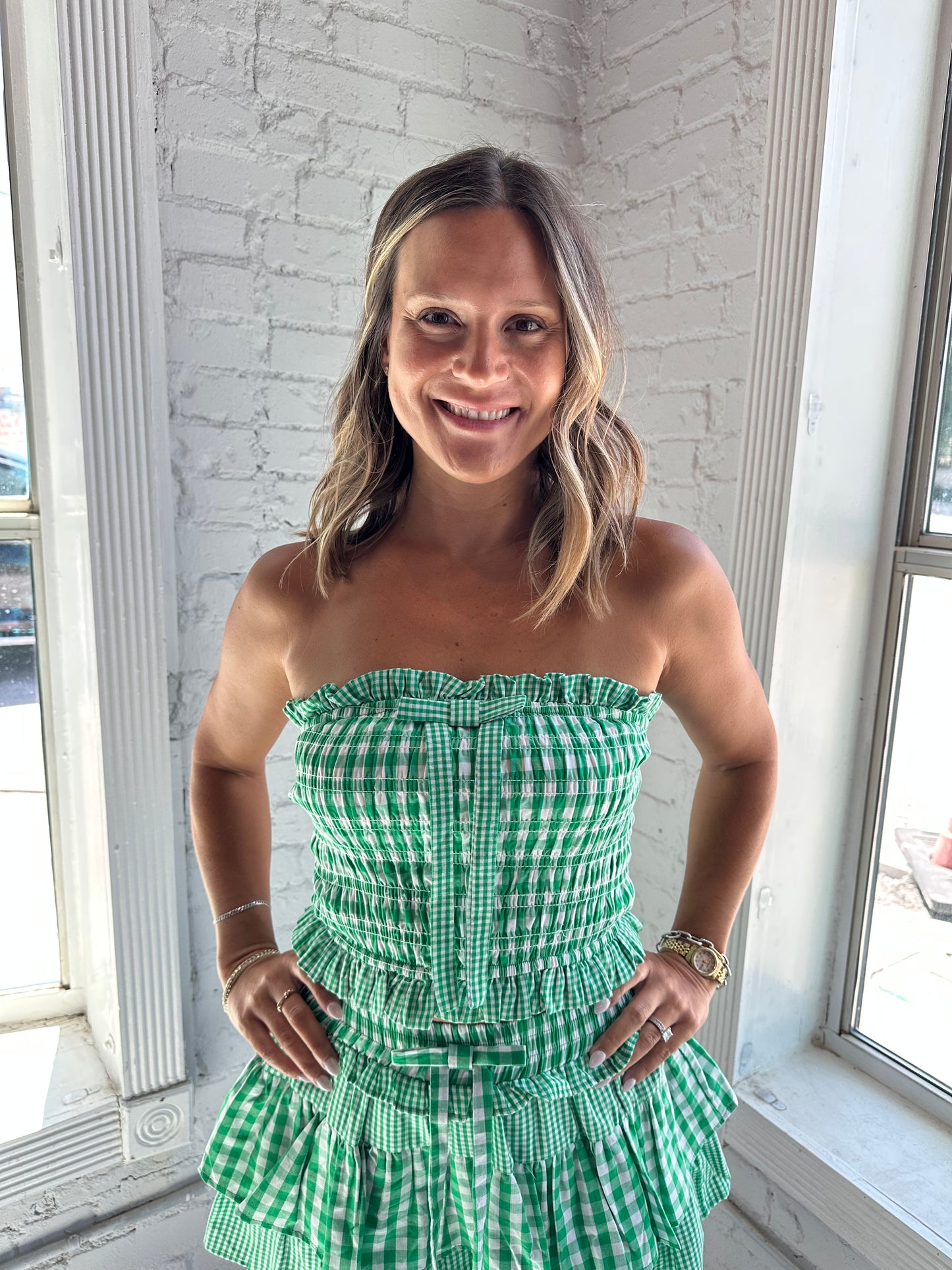 Mixed Gingham Tube Top with Ruffle Short Set