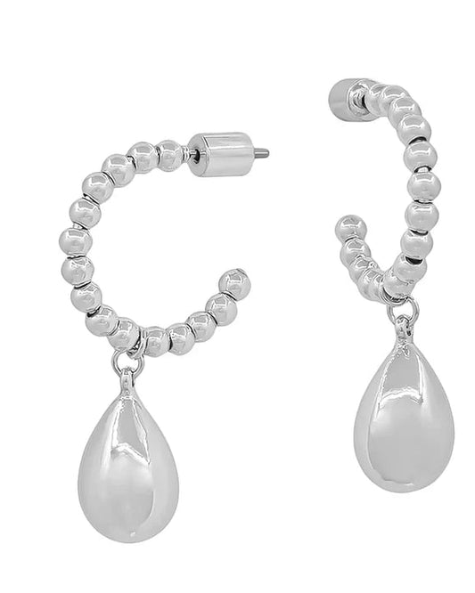 Water Resistant 3MM Silver Beaded Mini Teardrop 1" Hoop Earring