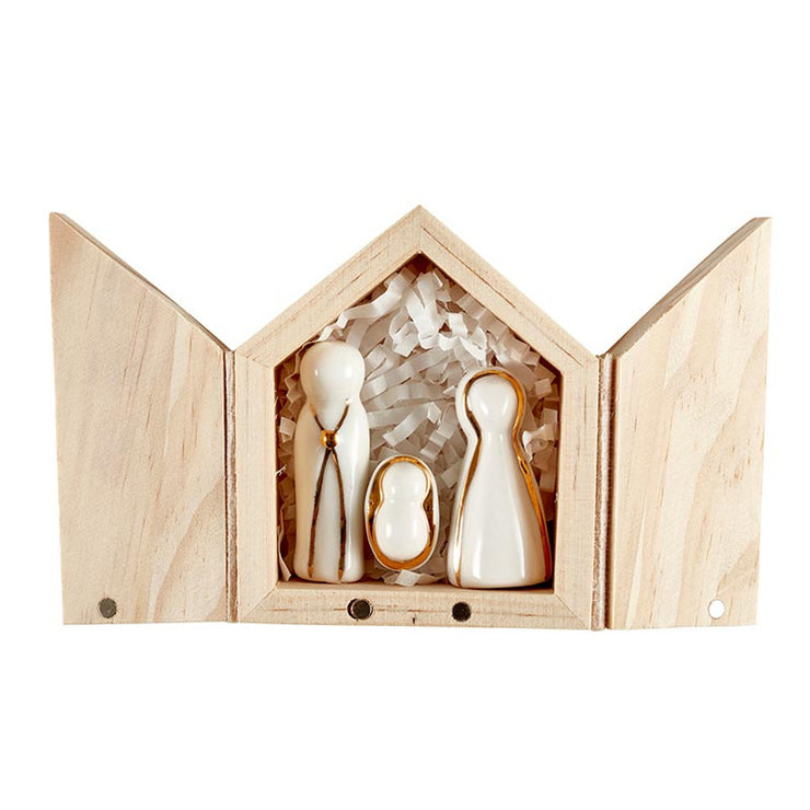 Ceramic Figurines Pine Wood Box - Holy Family