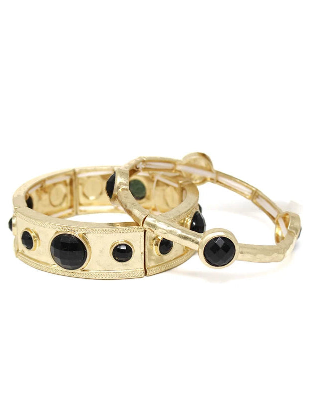 Hammered Gold with Black Circle Stone Accents Stretch Bracelet