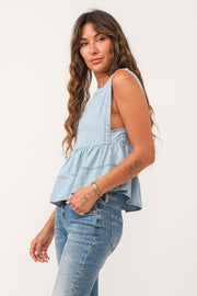 Swan Ruffle Sweep Top- Sky High