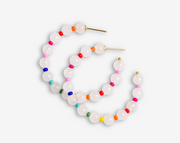 Angela Round Stones With Alternating Seed Bead Hoop Earrings-White