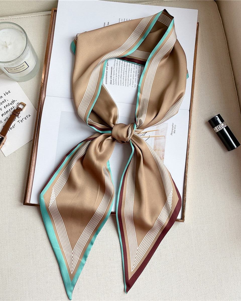 Thin Simple Geometric Long Silk Head Scarf Coffee
