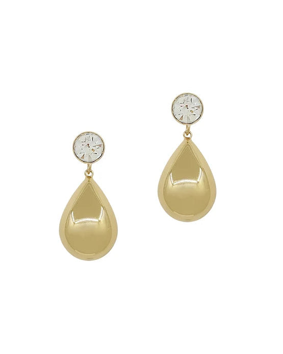 Water Resistant 1" Gold Teardrop with Crystal Stud Earring