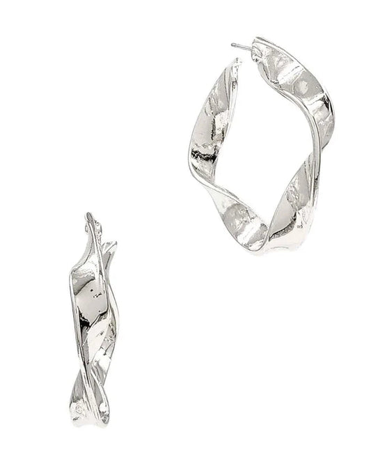 Silver Geometric Twisted 1.5" Hoop Earring