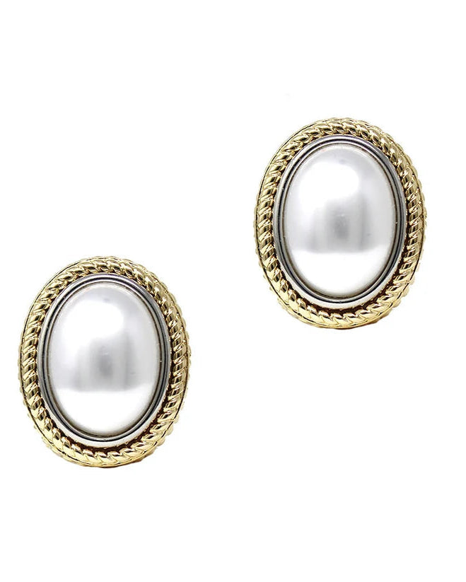 Gold Oval with Pearl Stud 1" Earring