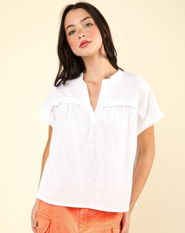 Split Neck Washed Knit Tee- White