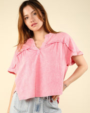 Split Neck Washed Knit Tee- Pink