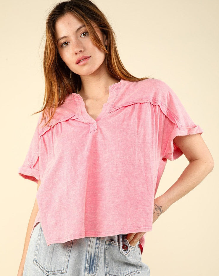 Split Neck Washed Knit Tee- Pink