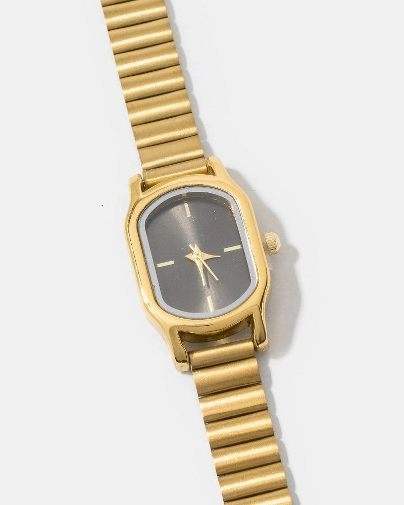 Ribbed Cushion Metallic Band Rectangle Watch