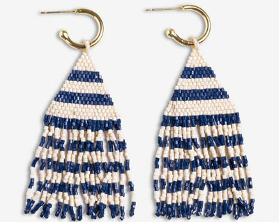 James Mini Gold Hoop Two Tone Stripes Beaded Earrings-Navy