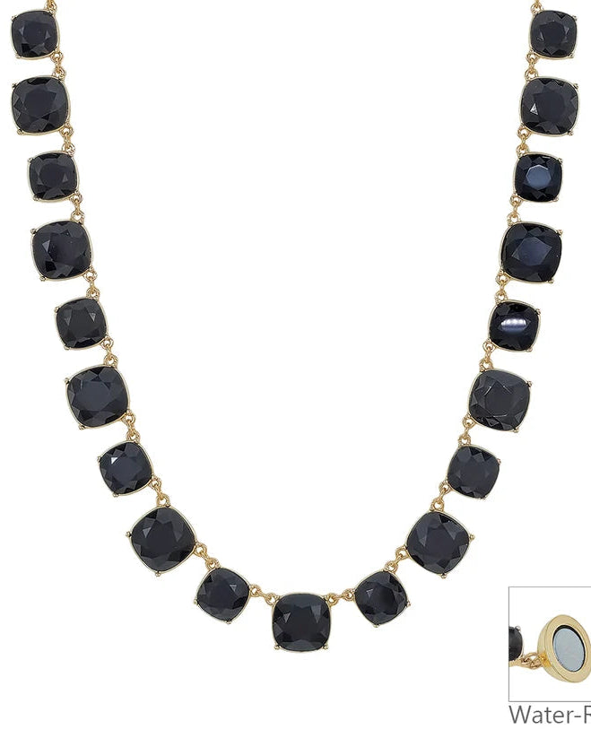 Water Resistant Black Crystal Square Statement Necklace