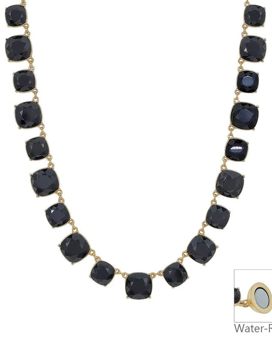 Water Resistant Black Crystal Square Statement Necklace