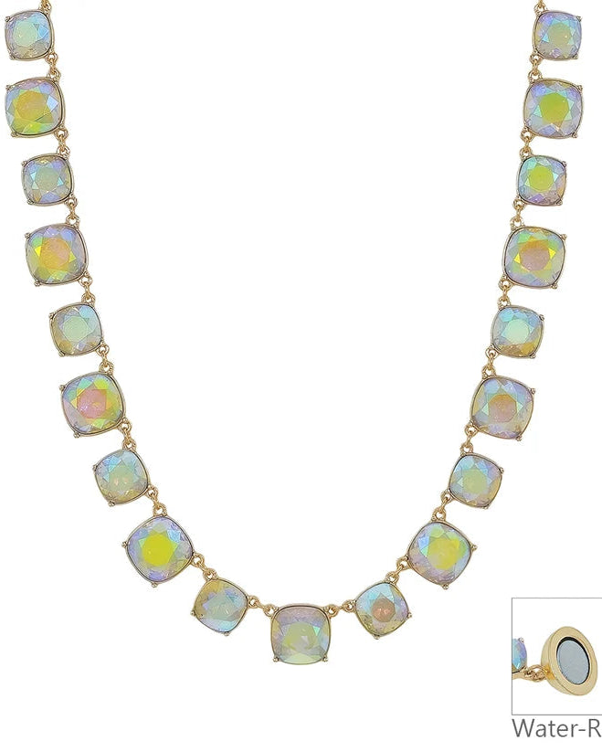 Water Resistant AB Crystal Square Statement Necklace