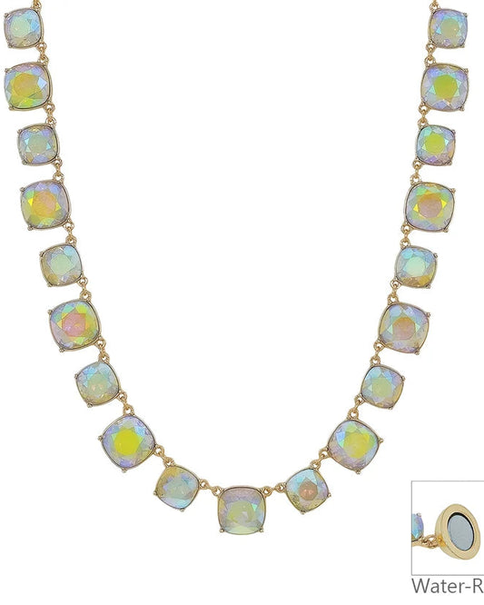 Water Resistant AB Crystal Square Statement Necklace