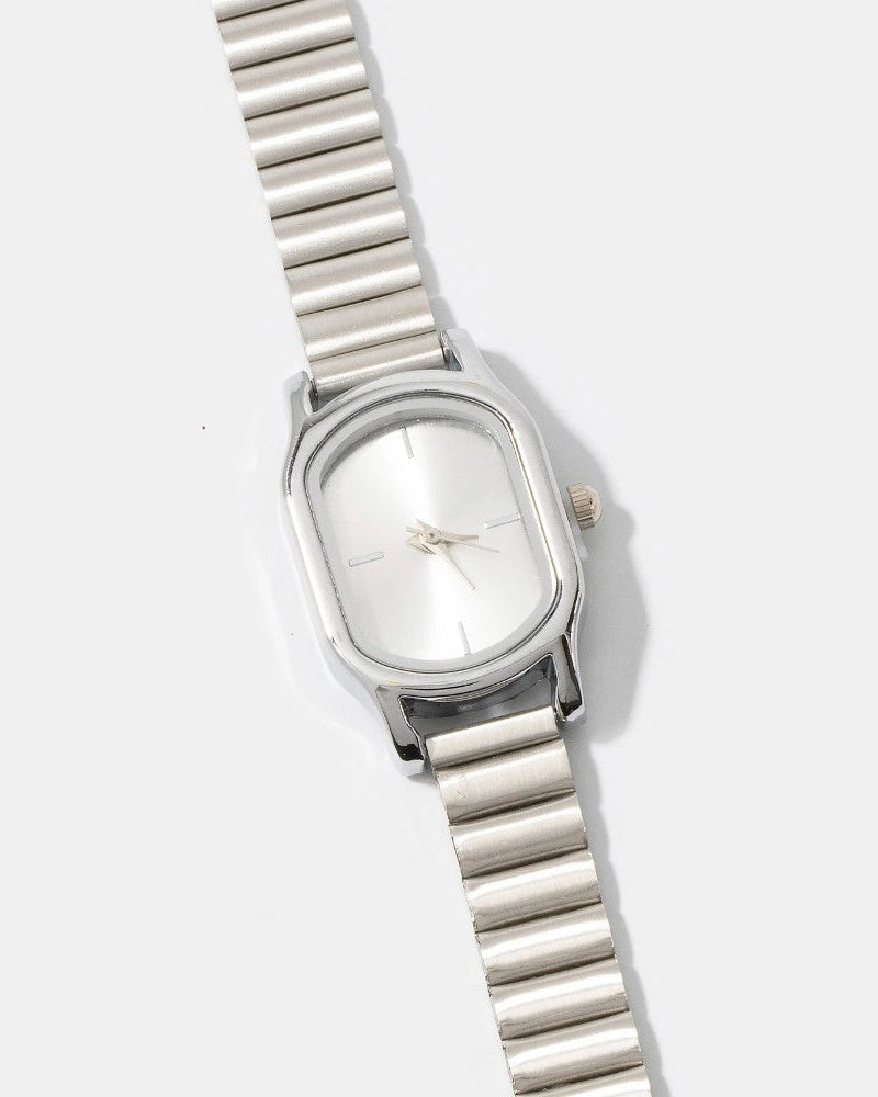 Ribbed Cushion Metallic Band Rectangle Watch