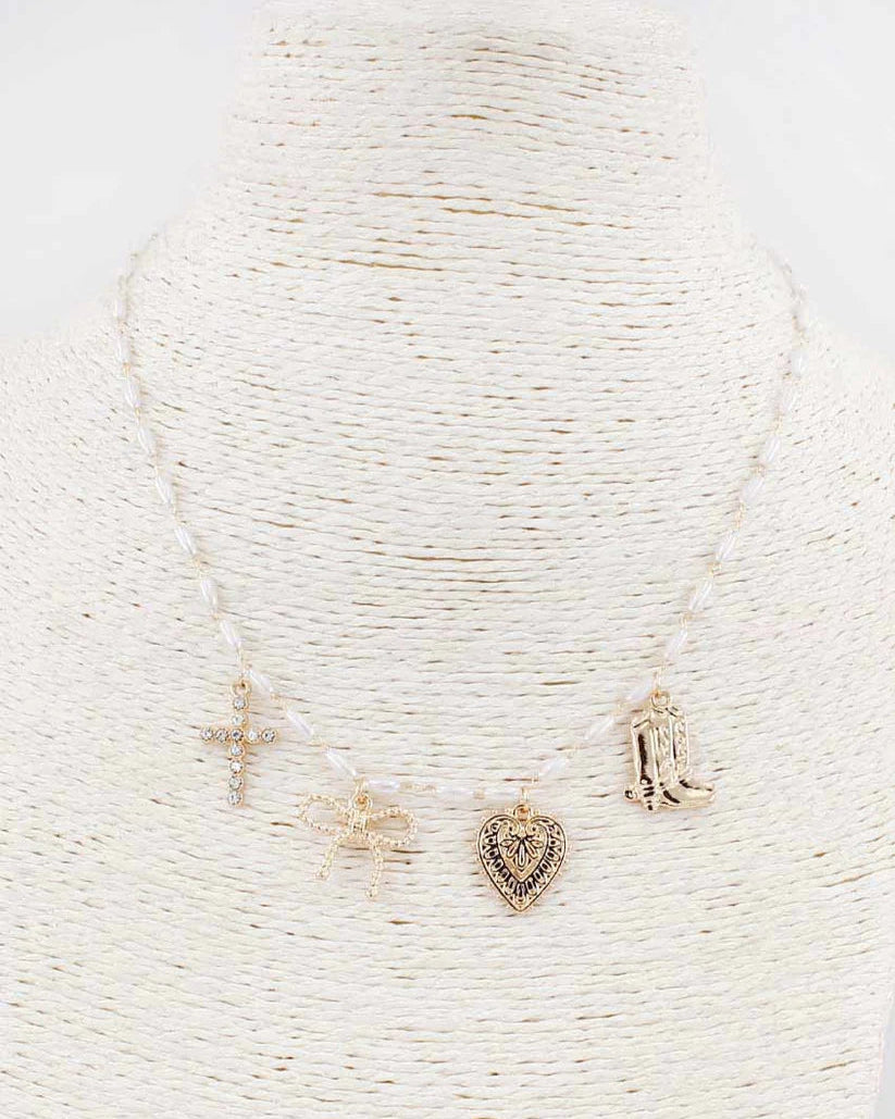 Gold Rice Pearl Charm Necklace