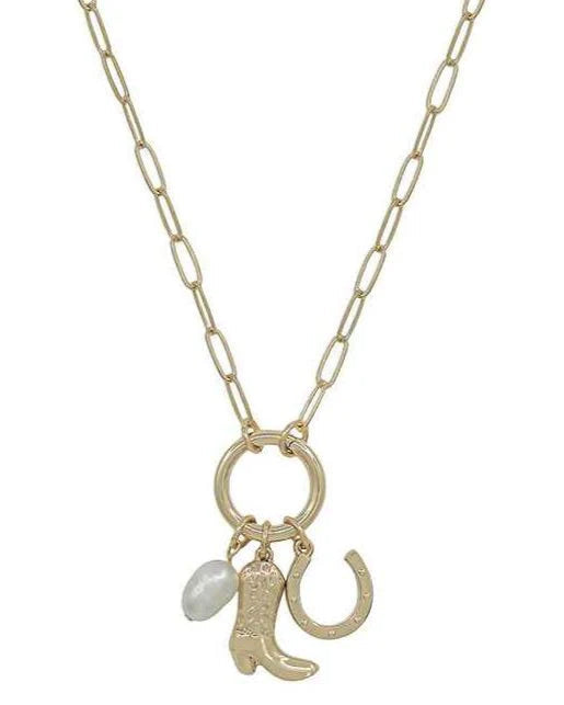 Gold Cowboy Boot, Pearl, and Horseshoe Necklace