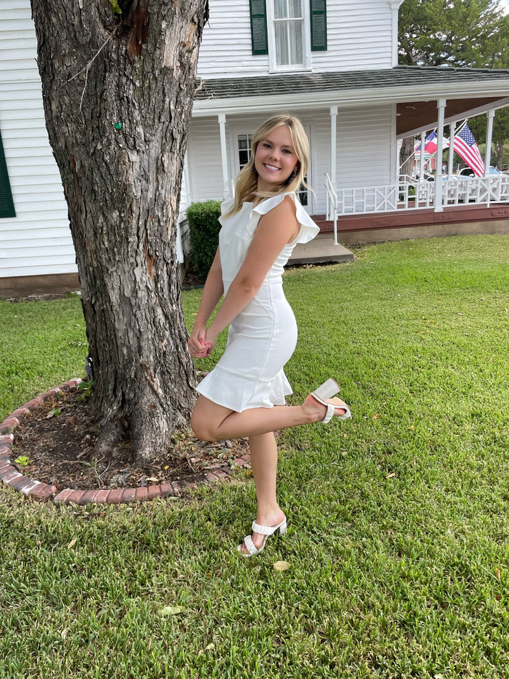 White Ruffle Cap Sleeve Dress